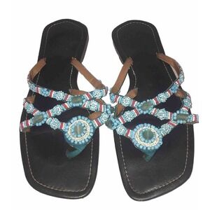 TURQUOISE WHITE BEADED JEWELED BROWN LEATHER THONG FLAT SANDALS Size 8